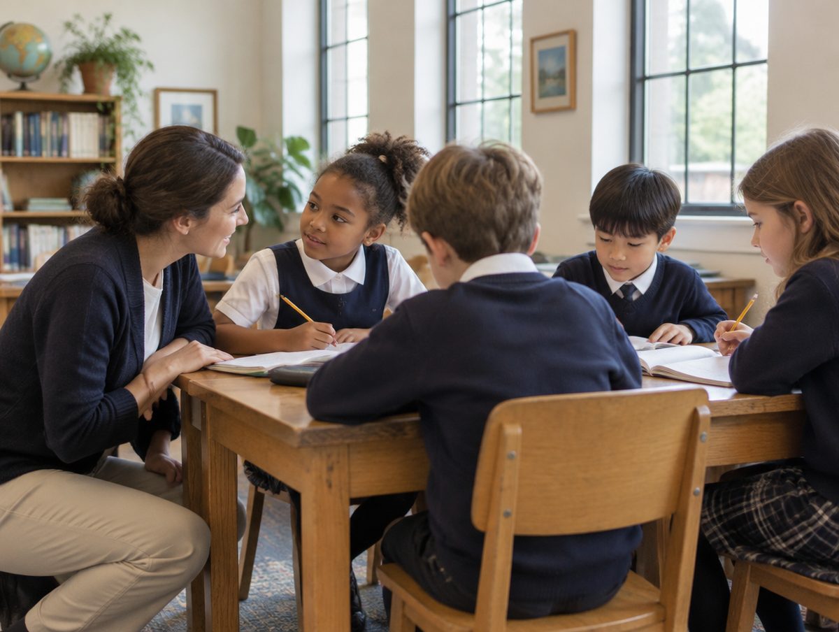 A teacher kneeling beside a group of students in a bright private school classroom