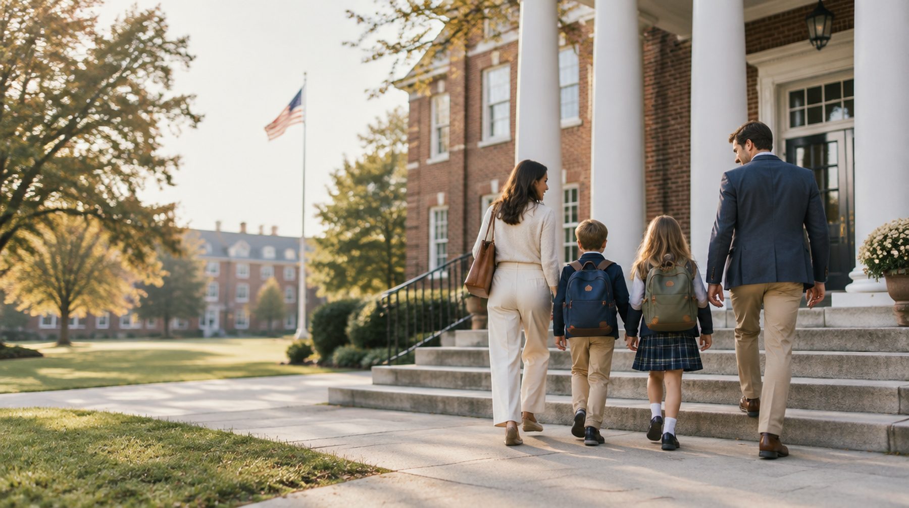 Parents walking two children up the front steps of a brick private school, flag in the background