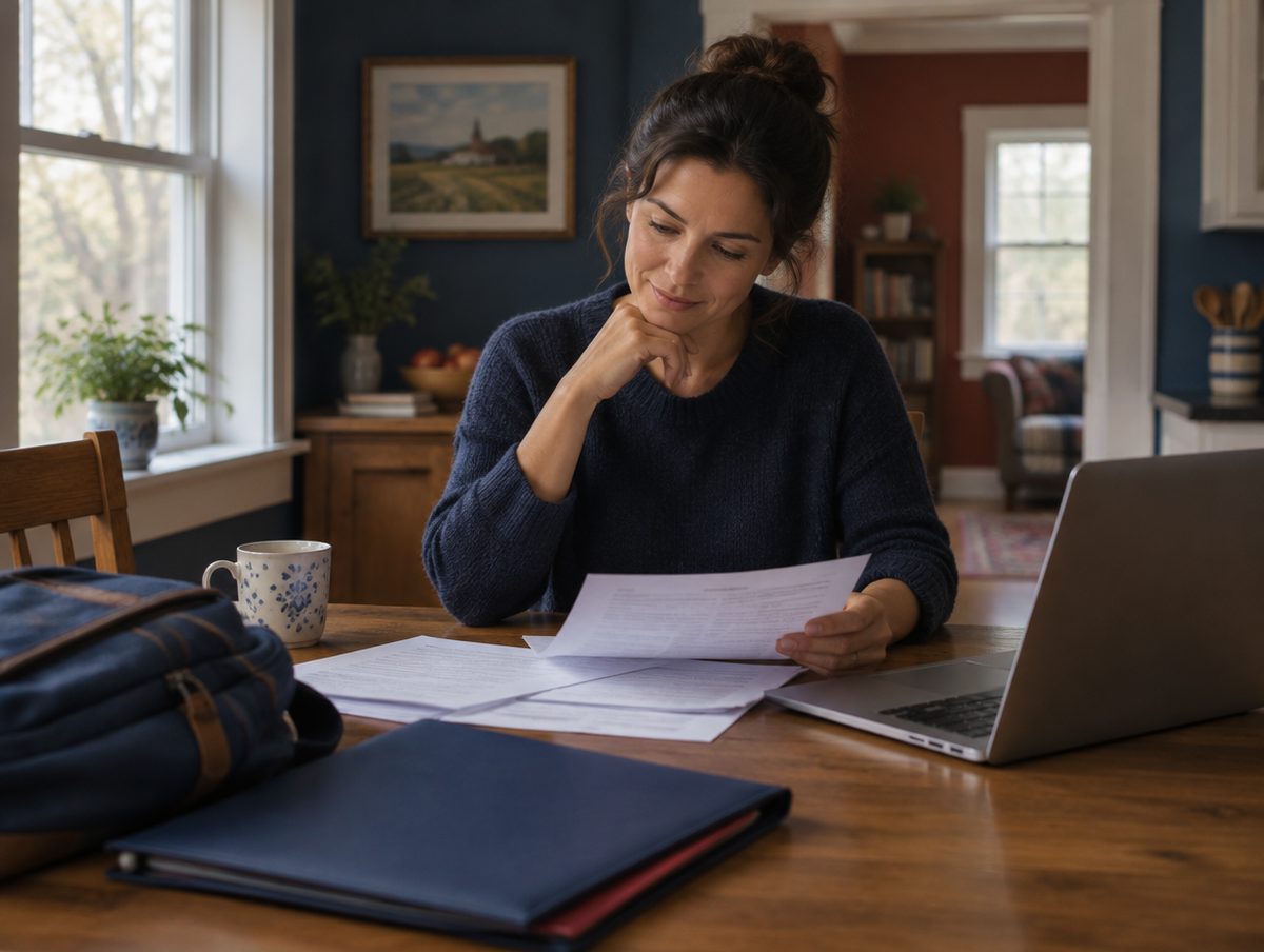 A parent reviewing tuition paperwork and a laptop at a kitchen table