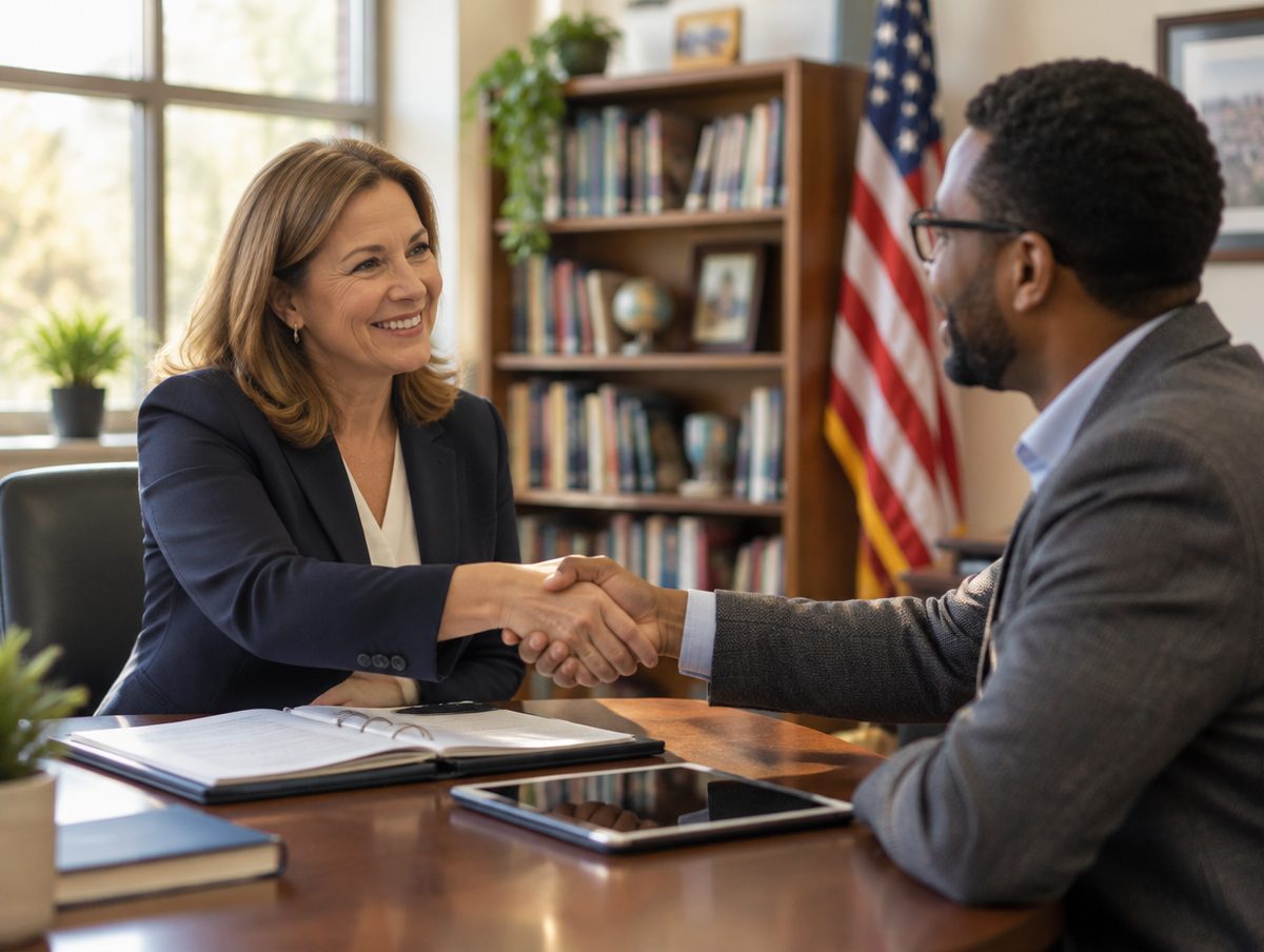 A private school administrator and a consultant shaking hands in a school office
